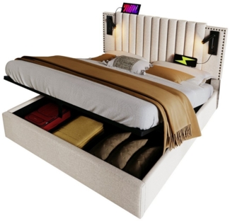 REDOM Polsterbett Doppelbett Jugendbett Bett Stauraumbett gepolsteres Bettgestell (Stahlrahmen mit Hydraulisch anhebbar Bettstauraum und Holz-Lattenrost, 1-tlg, Baumwolle USB-Ladeanschluss LED-Beleuchtung 140x200 cm Ohne Matratze), weich höhenverstellb...