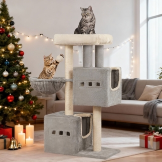 98 cm Kratzbaum, Katzenbaum, kratzbaum klein, Mehrstöckiger Kratzbaum mit Sitzstange, Katzenhausmöbel mit 2 Höhlen, Sisal Katzenkratzbaum, Hängematte, Höhle, Hellgrau