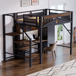 Merax Metall-Hochbett 140 x 200 cm, Kinderbett, Einzigartige Gehäuseform mit Fensterdesign, Mit Sicherheitsleiter, Viel Stauraum Unter Dem Bett, Schwarz