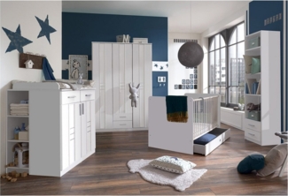 Lomadox Babyzimmer-Komplettset BEELEN-43, (6-tlg, 1 Schrank, 1 Kommode, 1 Unterbauregal, 1 Bett, 1 Schubkasten, 1 Regal), weiß, Schrank, Gitterbett, Wickeltisch mit Regal, Dekoregal