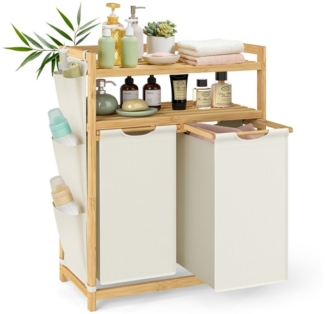 SONGMICS Wäschekorb 2 Fächer, Bambus, Wäschesammler 100 L, Wäschesortierer, mit Ablagen, Wäschesack, kleine seitliche Taschen, Wäscheregal, 2 x 50 L, 63 x 33 x 98 cm