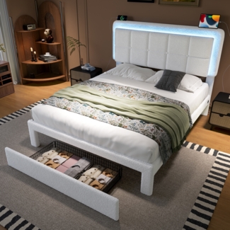 Flieks Doppelbett 140 x 200cm Polsterbett mit LED-Stimmungslicht & USB-Ladestation, kuscheligem Teddy-Samtbezug, Weiß
