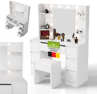 Juskys Schminktisch Malia und Hocker Melly mit LED-Beleuchtung & Spiegel, 7 Schubladen, stufenlos dimmbar, 3 Farbtemperaturen, Stauraum, elegantes Design – Weiß