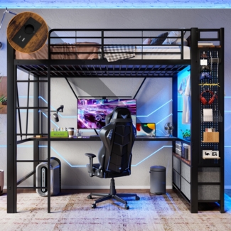 Hochbett mit Schreibtisch, Schubladen, LED & USB/Steckdose, 90x200 cm, ohne Matratze, schwarz