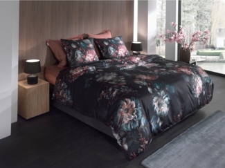 Heckett & Lane Satin Bettwäsche 135x200 Milos dark blue Blüten Vögel Schmetterling blau rosa