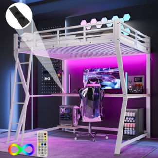 Hochbett, 140*200cm, Mit LED-Leuchten, Computerkonsolenablage, Schreibtisch, Steckdose+USB, Geländer, Treppe, ohne Matratze, Weiß, Holz/Metall, Weiß, 140 x 200 cm