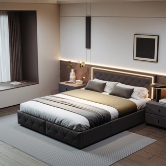 Furnishings Home Polsterbett Stauraumbett Doppelbett Jugendbett (Verstellbare Kopfteilhöhe), Mit LED-Beleuchtung,vier Schubladen auf Rollen, Kunstleder, 160x200 cm