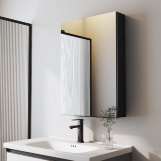 WDWRITTI Spiegelschrank Bad Alu Badschrank Schwarz Matt 50x70cm 40x60cm (Wandschrank Badezimmer mit / ohne Licht, Doppelseitiger Spiegel) vormontiert geliefert