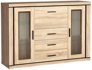 Lomadox Sideboard DUNEDIN-161, Kommode mit Vitrinentüren und Barfach, 157cm breit, Sonoma Eiche
