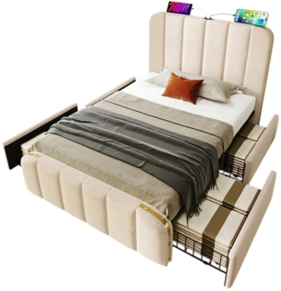 Flieks Polsterbett, Einzelbett 90x200 cm mit USB/Typ-C Ladefunktion und 4 Schubladen