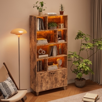 Merax 173cm Bücherregal, Beine aus Massivholz, mit mehrere Ablagefächer, Doppeltüren, LED-Farbwechsel-Ambientelicht, Fernbedienung, braun