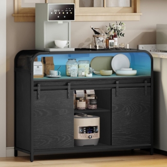 Kchenschrank mit LED-Beleuchtung, Sideboard mit Steckdosenleiste, Aufbewahrungsschrank mit 2 Schiebetren, verstellbare Trennw?nde, Kche, Esszimmer, 35 x 100 x 80 cm, Schwarz