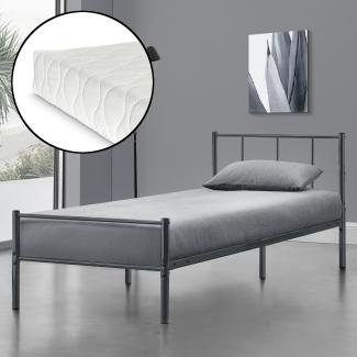 en.casa Laos Metallbett, Einzelbett 90 x 200cm, Dunkelgrau, mit Matratze und Lattenrost