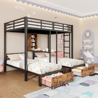 Etagenbett, 3 Betten mit Seitengittern mit Staufächern 2 Schubladen Regalen ohne Matratze，Schwarz, 140 x 200 cm + 90 x 200 cm