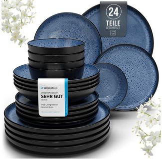Steingut Geschirrset 6 Pers. Ibiza 24-tlg Hochwertiges Mediterranes TEST SEHR GUT Steingut Geschirr Set - Schüssel- und Teller Set - Tafelservice 6 Personen Geschirrsets Pure Living in Tiefblau