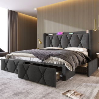 Polsterbett 140x200 cm mit Stauraum und Ladefunktion – grauer Leinenbezug, 4 Schubladen