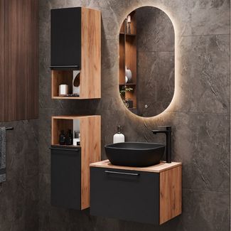 Planetmöbel Badmöbel-Set Astra, (Badezimmer Möbel im modernen Design, 4-St), mit 2x Midischrank & Waschbecken schwarz