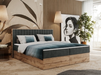 Boxspringbett mit dekorativem Kopfteil und zwei Bettkästen, Eiche Holzrahmen - ALBERO 4 - 160x200 cm - Dunkelgrau Stoff - H4