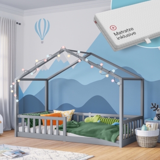 Bellabino 'Bia' Hausbett 90x200 cm mit Matratze, grau, Kiefer Massivholz, Bodenbett in Hausoptik, Montessori Kinderbett mit Rausfallschutz und Lattenrost