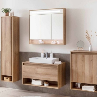 Fackelmann NATURA Badmöbelset 2-teilig, LED Spiegelschrank, 94 cm breit, Braun hell