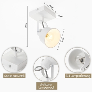ZMH Deckenstrahler 1 Flammig Weiß: Wandleuchte Vintage Schwenkbar 350° Wandstrahler MAX. 40W Spotlight E14 Fassung Retro Küchenlampe für Wohnzimmer Schlafzimmer Büro (ohne Leuchtmittel)