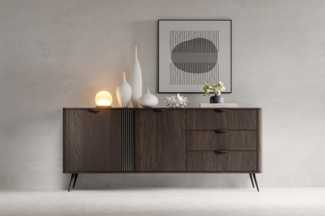 MOEBLO Kommode LARON 195 2d3s (Eiche Dunin & Schwarz, modernes Wohnzimmermöbel im Japandi- und Industrial-Design mit Schubladen und Türen, Sideboard Wohnzimmer Kommode Schlafzimmer Komodenschrank), (BxHxT): 195,2 x 81,2 x 38 cm