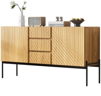 Refined Living Sideboard mit 3 Schubladen & 2 Türen, Metallbeinen,Aufbewahrungsschrank,Kommode (Maße: H75 cm / B140 cm/ T40 cm, Buffet, mit 2 Türen und 3 Schubladen, Anrichte mit höhenverstellbaren Einlegeböden, Kommode 140 cm mit Stauraum, Linien-Desi...