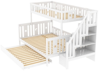 Ulife Etagenbett Massivholz Kinderbett 90x200/140x200 cm mit Sicherheitstreppe, Ausziehbett 90x190 cm