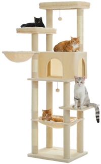 PETEPELA Kratzbaum Großer 186cm hoher Katzenturm aus Holz mit 2 geräumigen Hängematten, Mehrstöckiger Kratzbaum für Wohnungskatzen