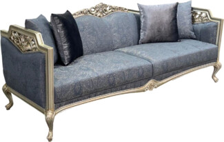Casa Padrino Luxus Barock Sofa Blau / Silber / Gold - Prunkvolles Wohnzimmer Sofa - Barockstil Wohnzimmer Möbel - Barock Einrichtung - Luxus Möbel im Barockstil - Edel & Prunkvoll