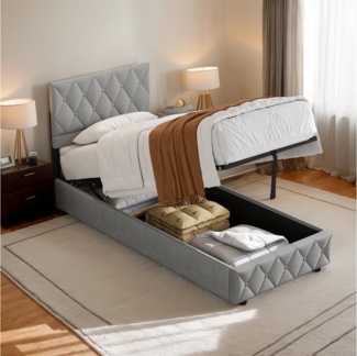 HAUSS SPOLE Polsterbett mit Bettkasten,hydraulische Funktionsbett Stauraumbett (Strapazierfähig und schmutzabweisend,elastische Polsterung, 90x200 cm mit Lattenrost ohne Matratze), Lattenrost, schlichtes Design