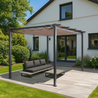 Aluminium Pergola HWC-N93, Gartenpavillon Pavillon Garten, stabiles 8cm-Gestell Schiebedach UV50+ 3x4m ~ taupe