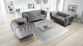 Edles Chesterfield Sofa Set 3-2-1 Sitzer grau Couch Polstersofa Wohnlandschaft