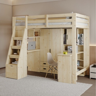 HAUSS SPOLE Hochbett 90x200 cm, Arbeitstisch mit Regalen und Schränken, mit Schubladen (Hochbett, mit Arbeitstisch, Regalen & Stauraumtreppe, 90x200 cm) ohne Matratze