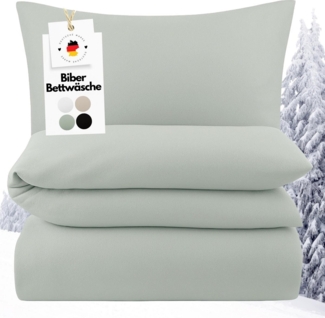 Carpe Sonno Bettwäsche Biber Bettwäsche Salbeigrün Uni aus 100% Baumwolle, Biber, 2 teilig, MADE IN GERMANY - Flauschige Feinbiber Winterbettwäsche Grün 155 x 220