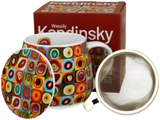 DUO ART GALLERY Fassbecher 430 ml mit Teesieb und Deckel SQUARES WITH CIRCLES inspired by W. Kandinsky, New Bone China Porzellan