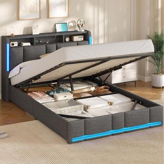 MSMASK Polsterbett mit Steckdosen & LED Beleuchtung, Stauraum und Kopfteil, 150×205 cm, Dunkelgrau, mit Stauraum & LED Beleuchtung