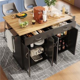 Celya Küchenwagen Moderne Kücheninsel mit arbeitsplatte und sitzgelegenheit, auf rollen, (Speisewagen mit Holzmaserung, Schwarz, Multifunktionale Esstisch mit Speicherraum), 106×50×90.5cm, Küchenschrank, buffetschrank
