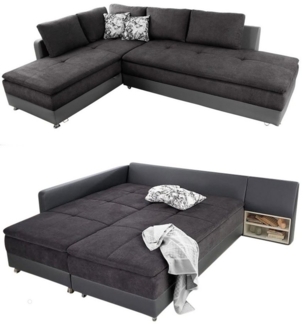 luma-home Ecksofa 15106, Dauerschläfer-Doppelbett 306x223 cm, Schwenkteil rechts, Bettkasten, Regal, Boxspring, Federkern, Wellenunterfederung, Topper, Mikrofaser Anthrazit/Kunstleder Grau