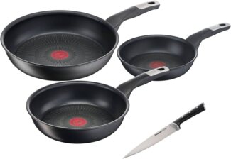 Tefal Pfannen-Set Unlimited Ice Force, Aluminium (Set, 4-tlg, je 1 Bratpfanne Ø 20/24/28 cm, Kochmesser 20 cm), kratzfeste Antihaftversiegelung, Thermo-Signal, inkl. Kochmesser