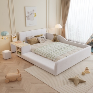 Merax Polsterbett Kinderbett 140 x 200cm Doppelbett mit Schreibtisch und Hocker, Bodenbett mit Rausfallschutz, Holzbett mit Lattenrost, Samt, Weiß