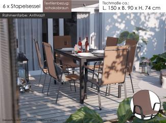 Gartenmöbel Set Alu Tisch 7-tlg. 6x Stapelstuhl Stapelsessel Essgruppe Gartenset Sitzgruppe schokobraun