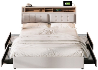 Flieks Polsterbett, Doppelbett mit USB/Typ-C Ladefunktion + 4 Schubladen 140x200cm Leinen