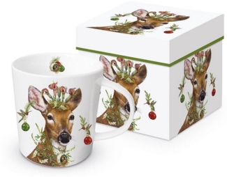 PPD Becher PPD, Weihnachten, Blumen, Tieren, Planzen, Winter, Waldtieren Motiv, Porzellan Weinachtstasse, Weinachten, Tiere, Reh mit Weinahctsdeko, - Eigenschaften: Lebensmittelecht, Mikrowellengeeignet, Spülmaschinenfest, Ideal als Geschenk, Kollektio...