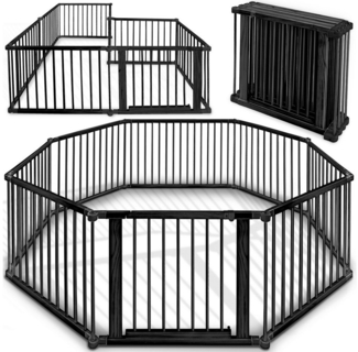 KIDUKU Laufgitter schwarz XXL klappbar inkl. Tür, bestehend aus 8 Elementen, Kiefernholz Schwarz, 7,2 m