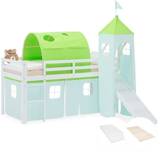 Hochbett Kinder 90x200 cm mit Matratze Rutsche Kinderbett Stockbett Vorhang Tunnel Turm Grün Lattenrost