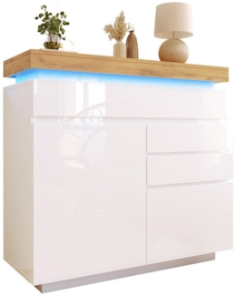 HAUSS SPOLE Sideboard Hochglanz Kommode mit 2 Türen, 3 Schubladen, LED Beleuchtung Weiß (Mehrzweckschrank, 1 St, 2 Türen und 3 Schubladen), Hochglanz Kommode mit LED Beleuchtung (App -Steuerung)