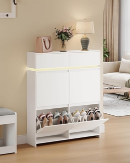 Schuhschrank mit 4 Klappen, Schuhkipper Schmal mit LED-Leuchten, Schuhregal, Verstellbare Regalböden, 20 Paar, 100 x 24 x 119 cm, Schuhaufbewahrung für Eingang, Flur, Weiß