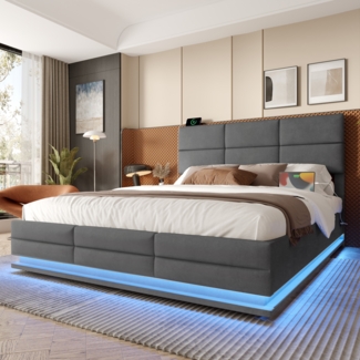 Boxspringbett Samt Grau Höhenverstellbar 160x200 cm mit LED Beleuchtung USB Anschluss Hydraulik Stauraum Kopfteil Doppelbett