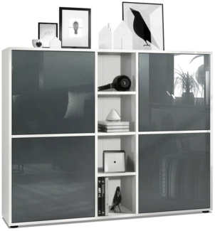 Vladon Highboard Cuba V3, Weiß matt/Grau Hochglanz - Moderne Anrichte mit 12 Fächern (130,5 x 105,5 x 35,5 cm)
